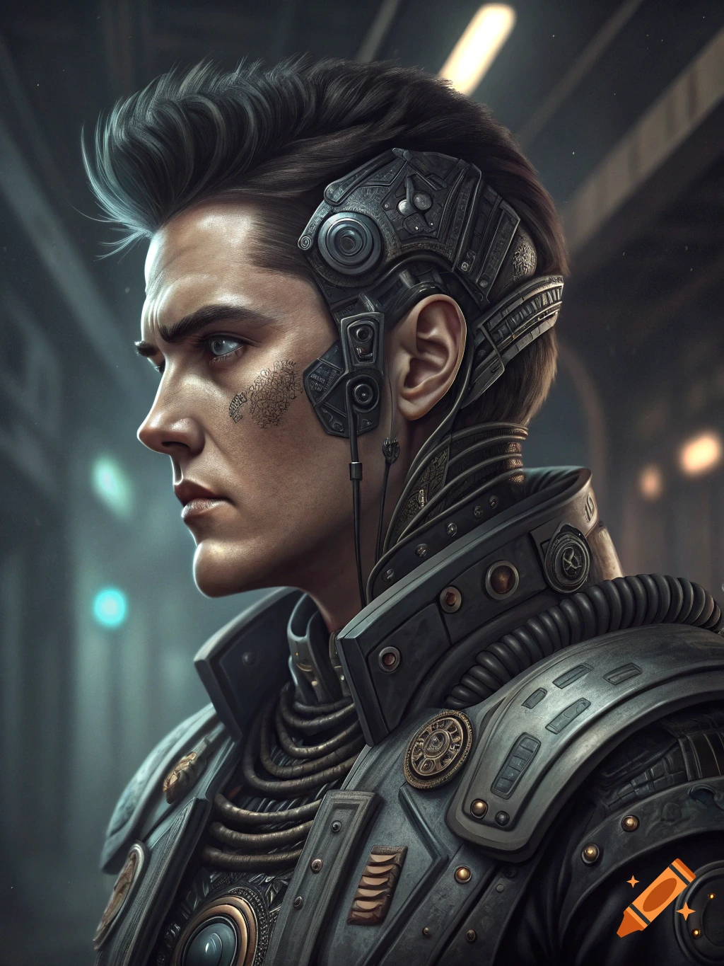 Portrait of a man with cyberpunk implants.