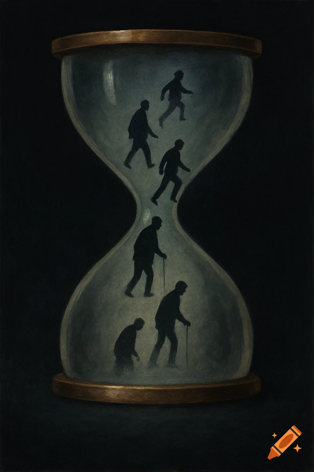 An illustration of an hourglass containing silhouettes of men at various life stages walking upwards, symbolizing time.