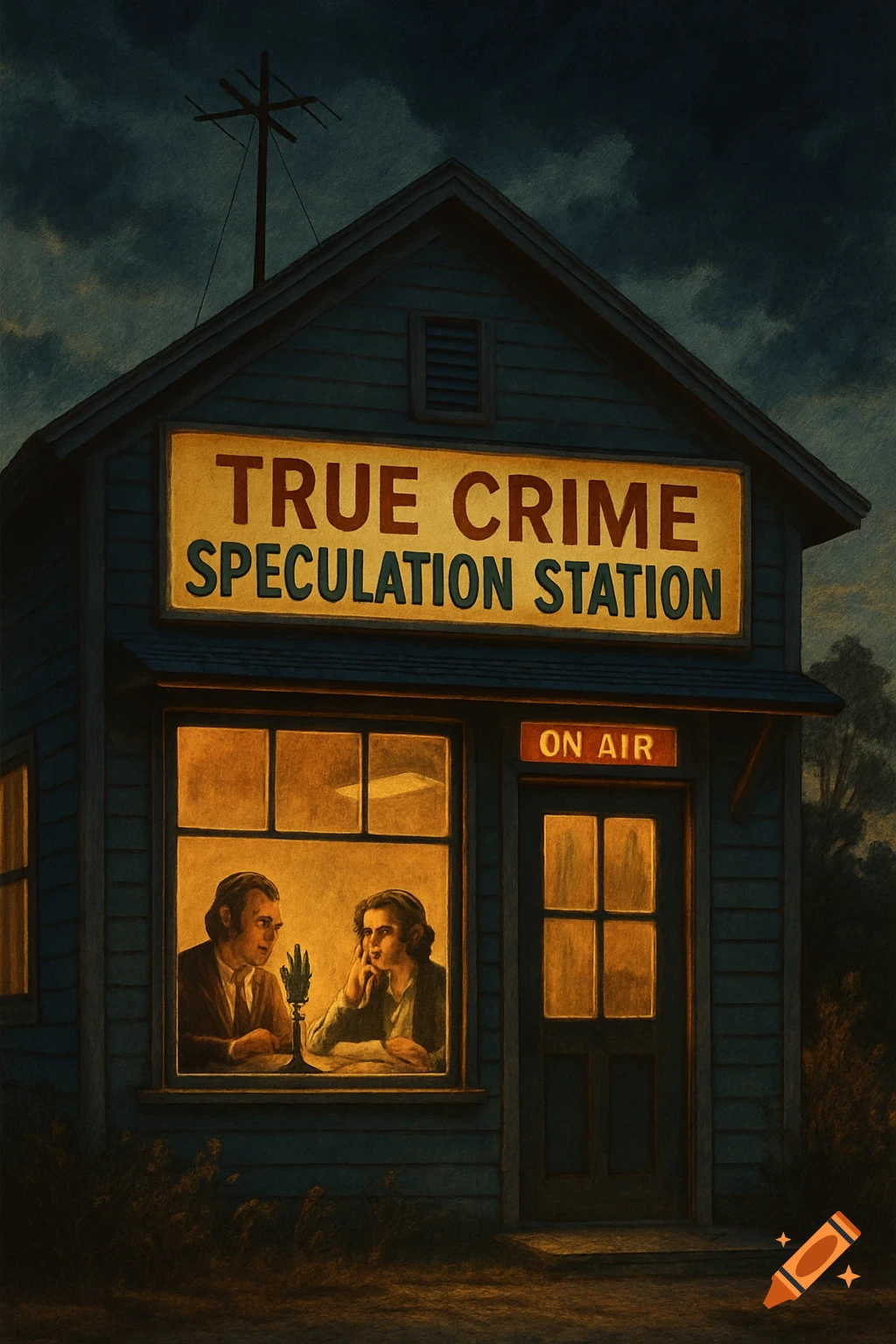 Illustration of a small building with a 'True Crime Speculation Station' sign at night. Two men talk into a microphone in a window.