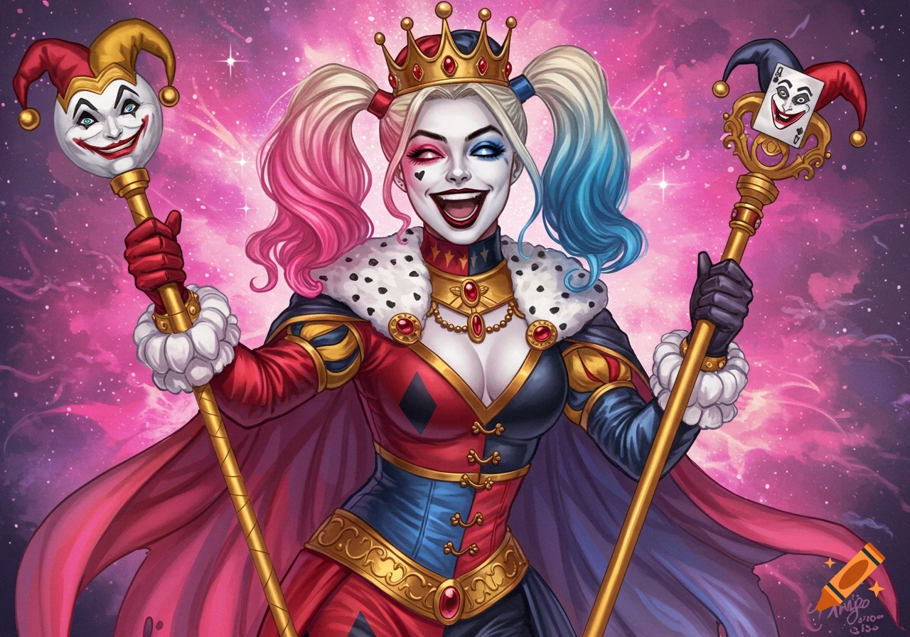 Harley Quinn depicted as a queen with jester staffs in a vibrant fantasy illustration.