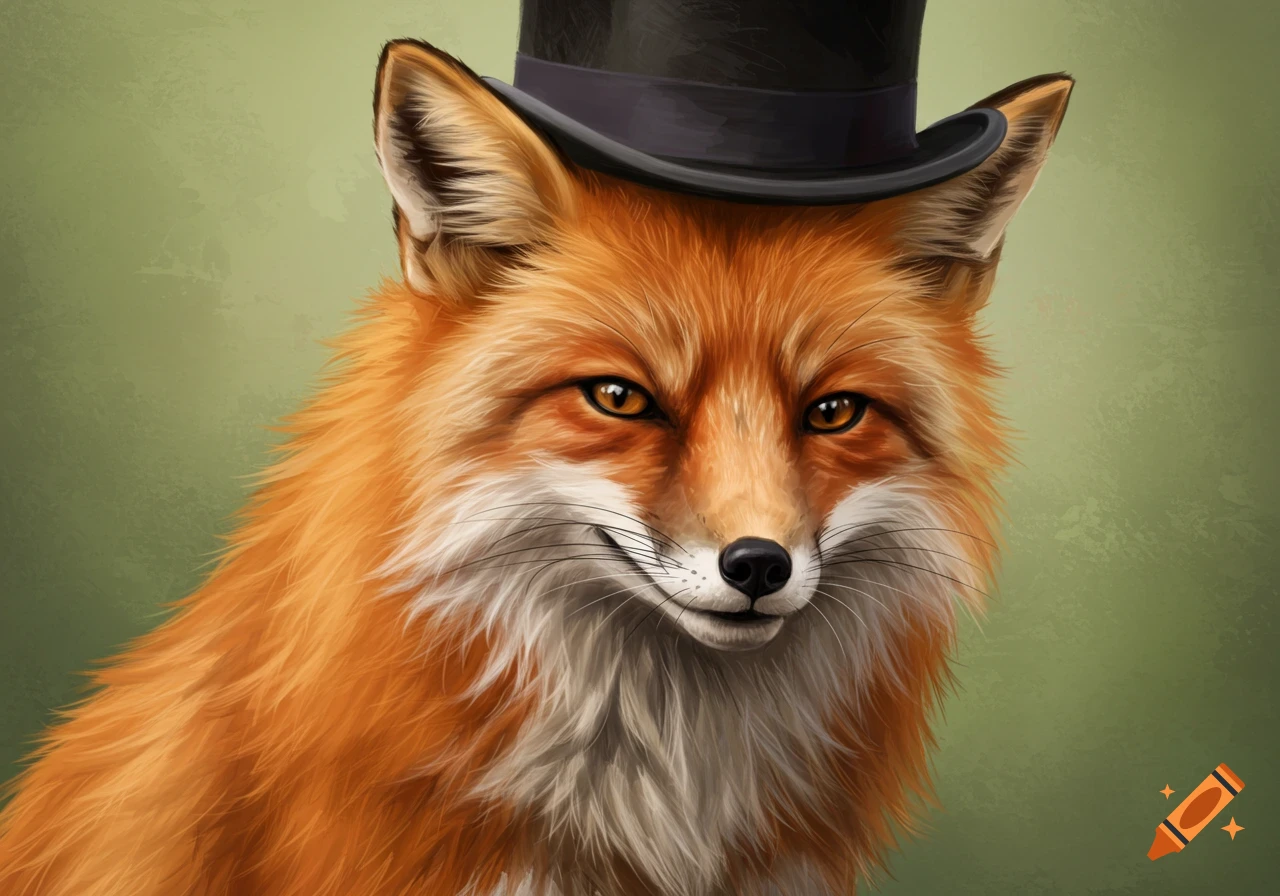 Close-up digital painting of a fox wearing a black top hat against a green background.