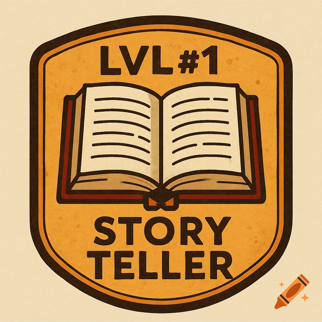 Illustration of an orange badge with an open book and the text 'LVL#1 STORY TELLER'.