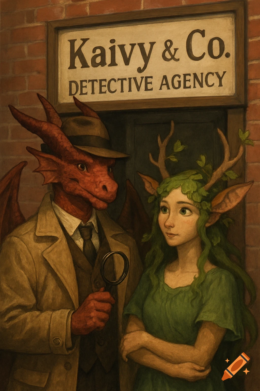 A dragon detective in a trench coat stands with a nature nymph under a sign for Kaivy & Co. Detective Agency.