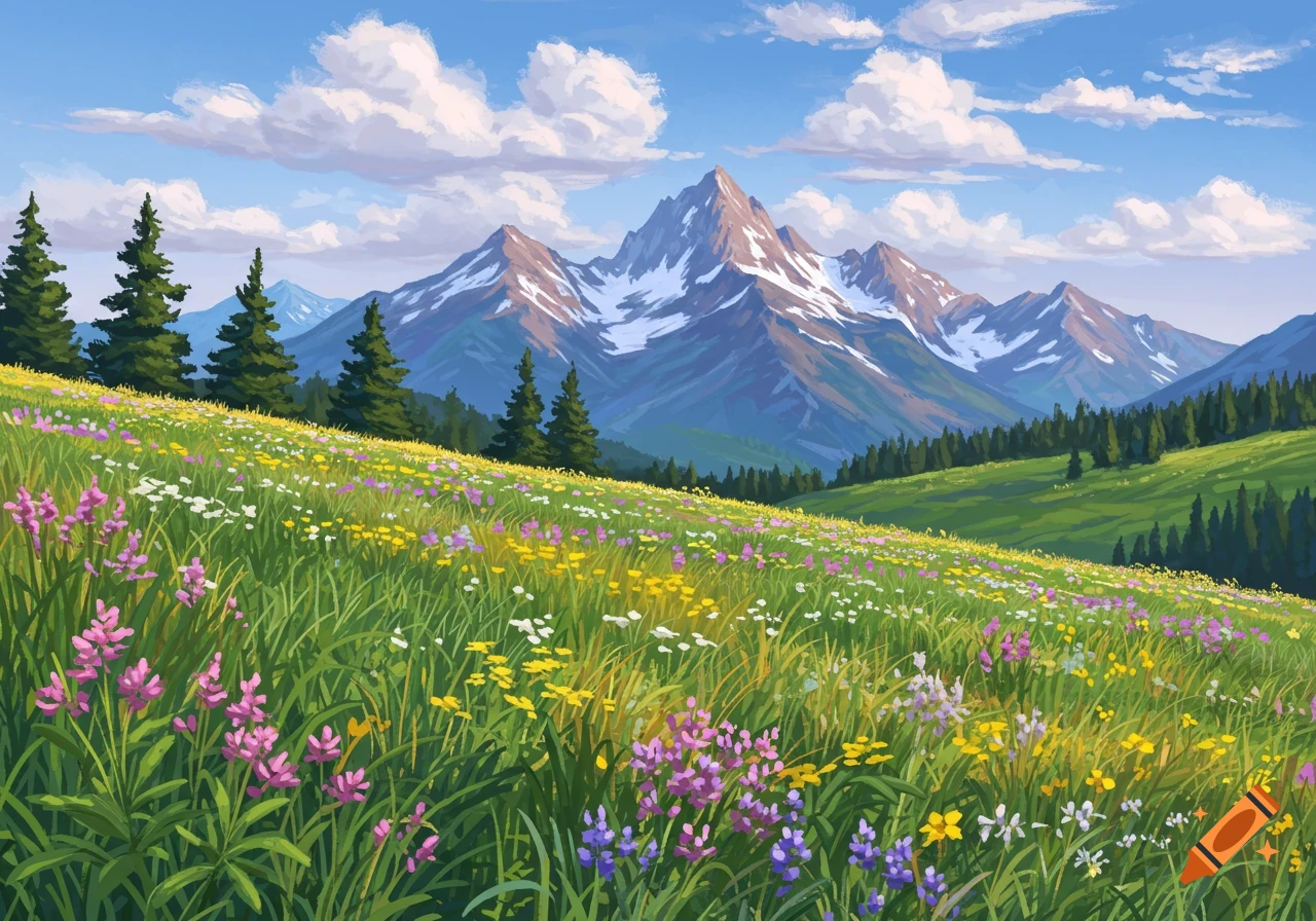 A vibrant meadow filled with colorful wildflowers slopes upwards towards majestic snow-capped mountains under a blue sky with clouds. Evergreen trees dot the landscape.
