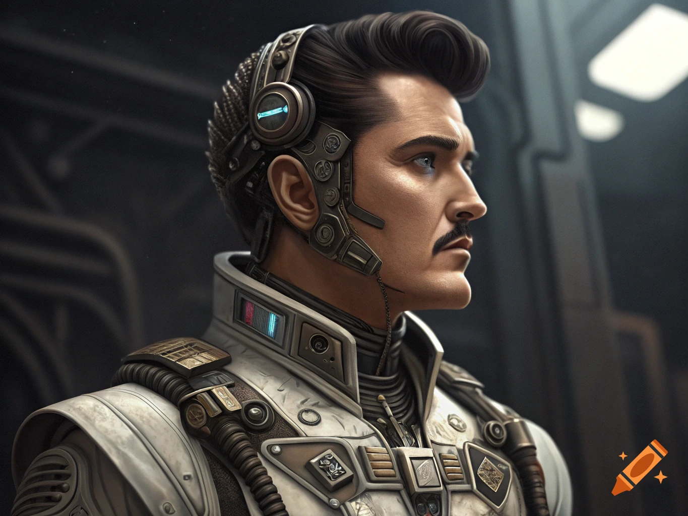 Sci-fi portrait of a man resembling Elvis Presley with cyborg implants
