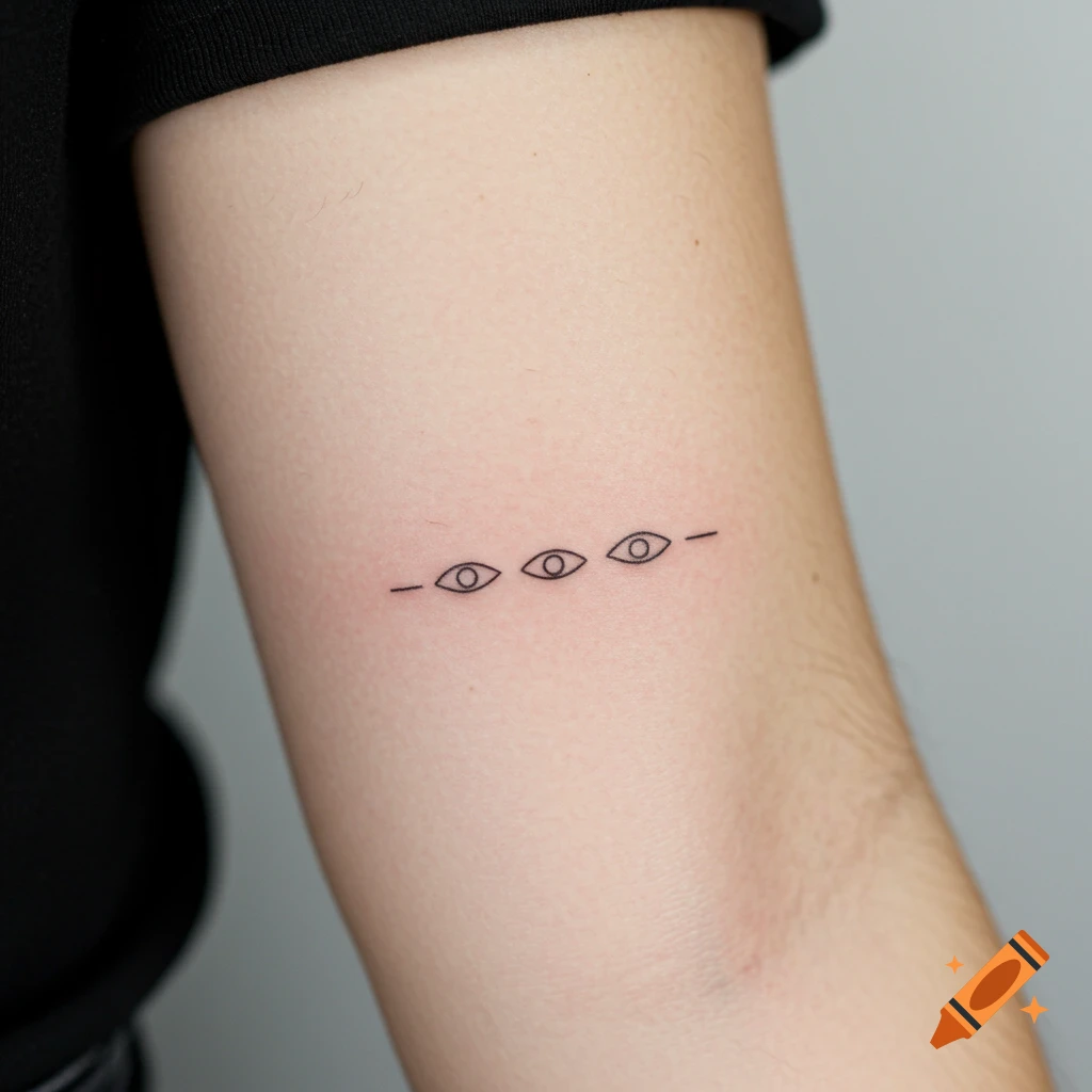 Minimalist tattoo of three small eyes on an arm.