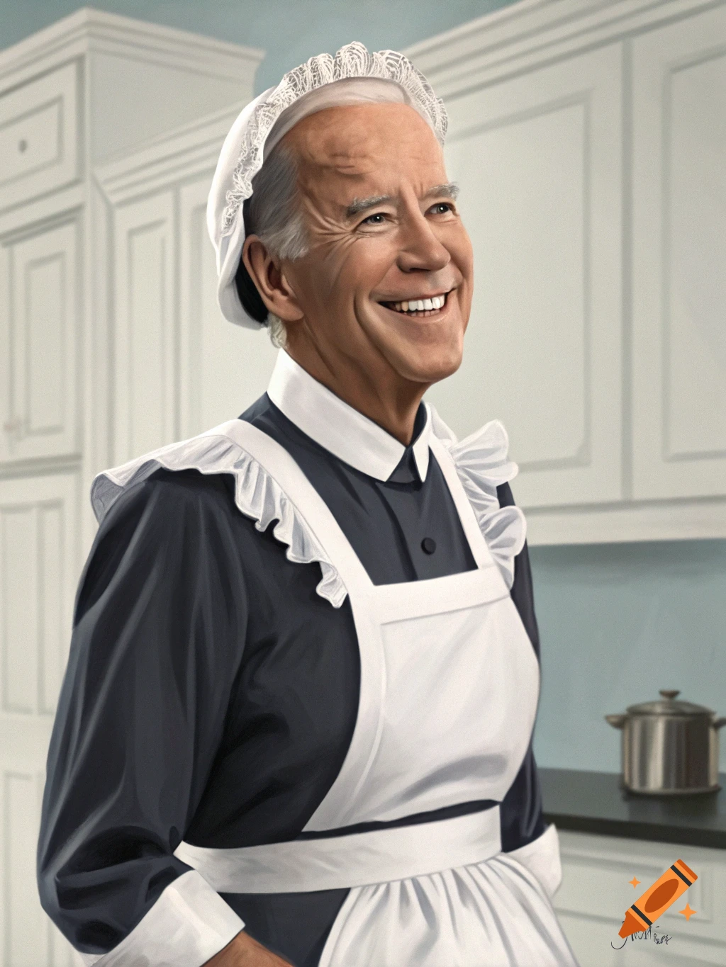 Digital painting of Joe Biden smiling in a maid outfit in a kitchen.