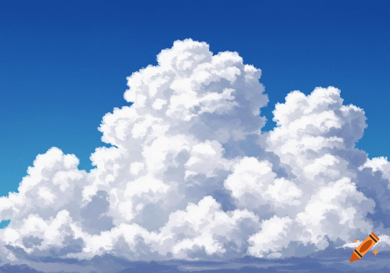 Illustrated white cumulus clouds against a clear blue sky.