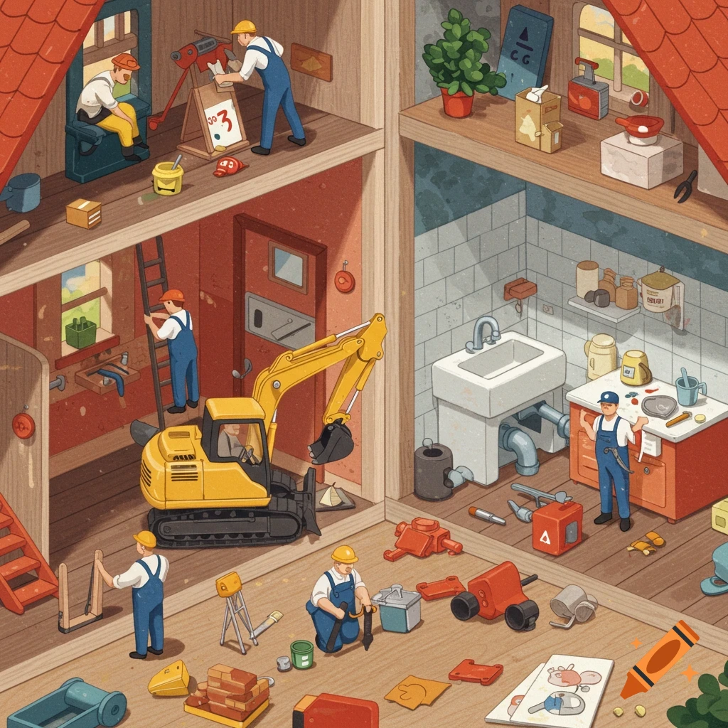 Isometric illustration of miniature workmen doing construction tasks inside a house.