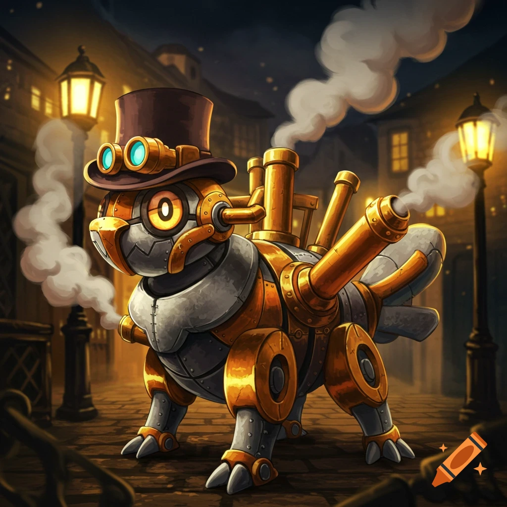 A steampunk creature resembling a Pokémon wearing a top hat and goggles in a street.
