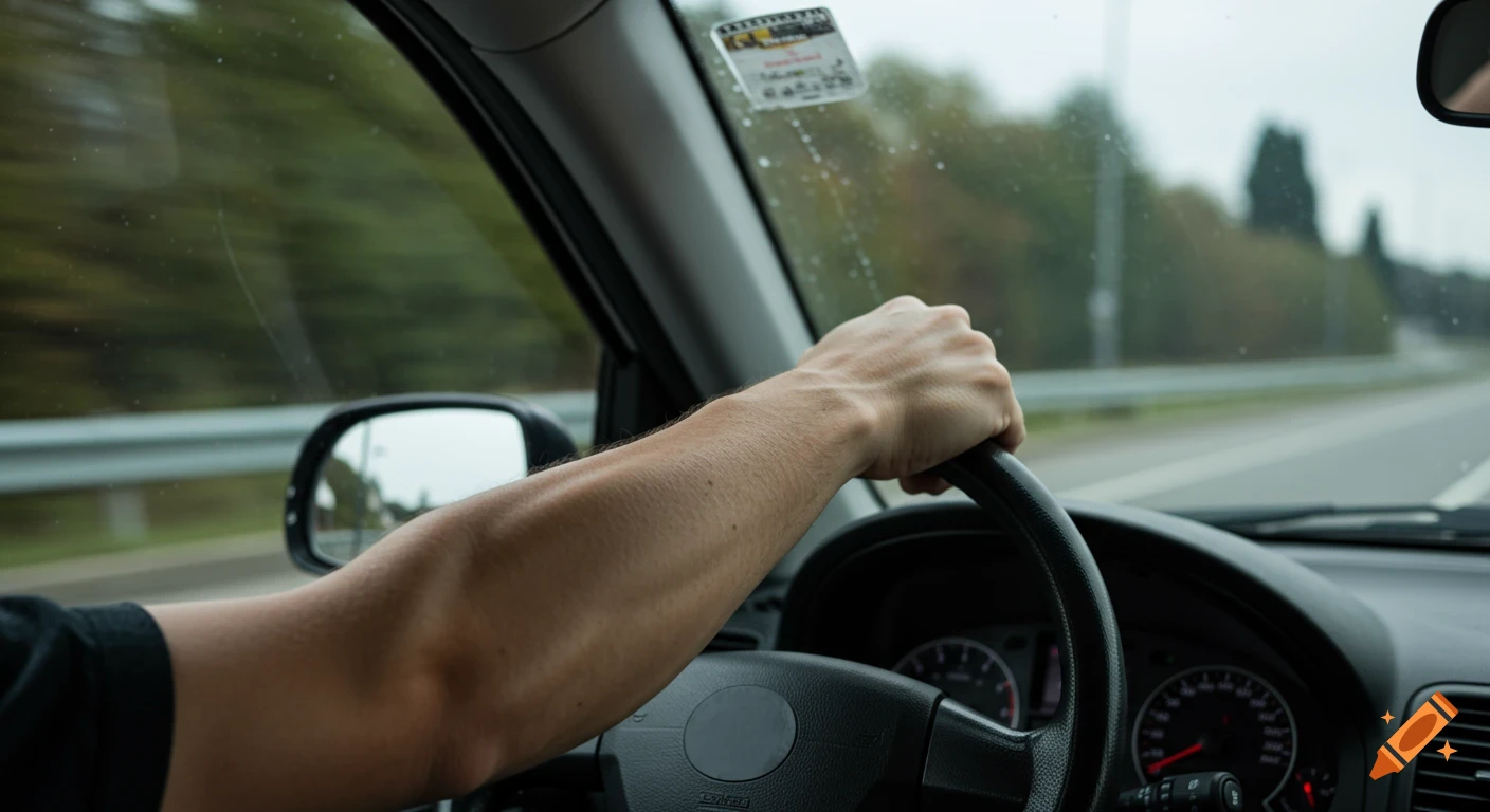 First-person view of a hand on a steering wheel while driving on a road.