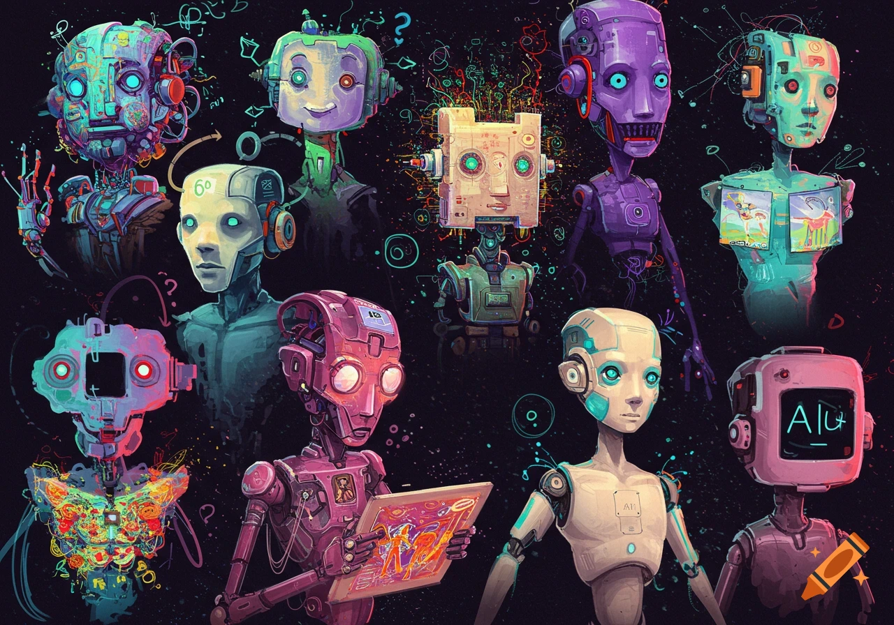 A collection of stylized robots and AI figures on a dark background with abstract patterns.
