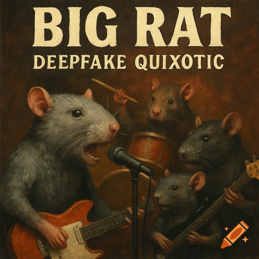 Painting of a rat band playing guitar, bass, drums, and singing, with album title text overlayed.