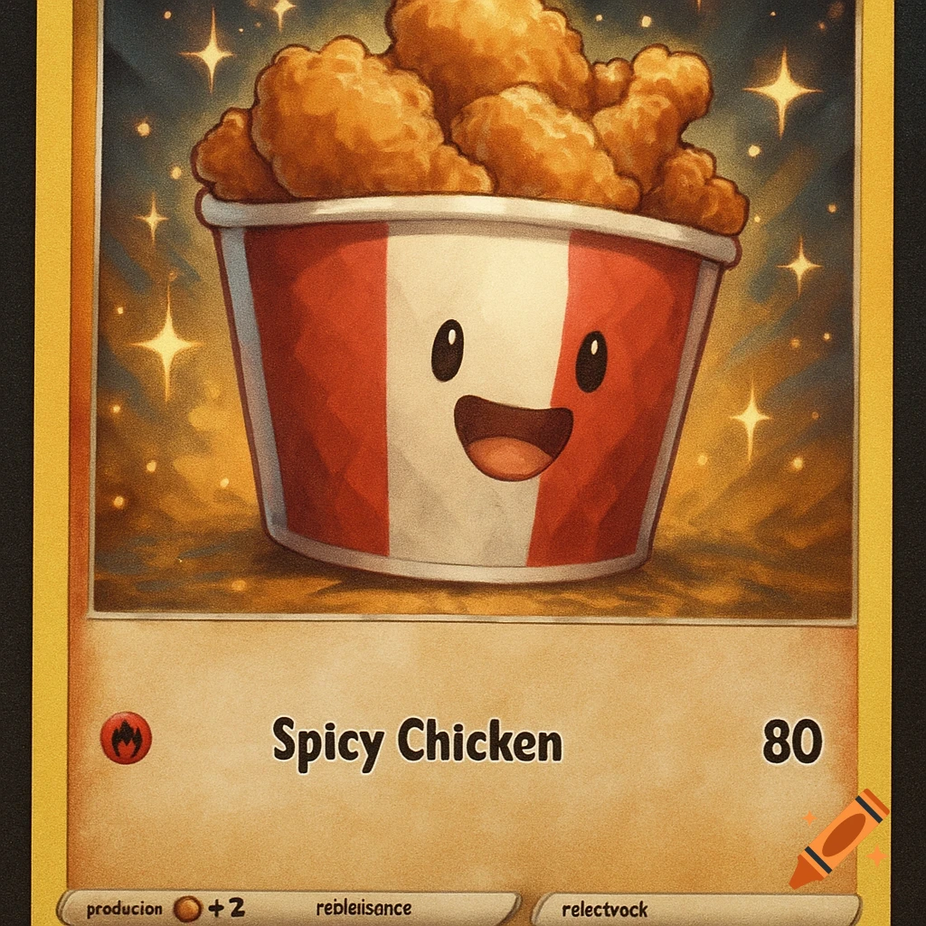 Illustration of a trading card featuring a cute cartoon bucket of fried chicken with a face, against a sparkly golden background.