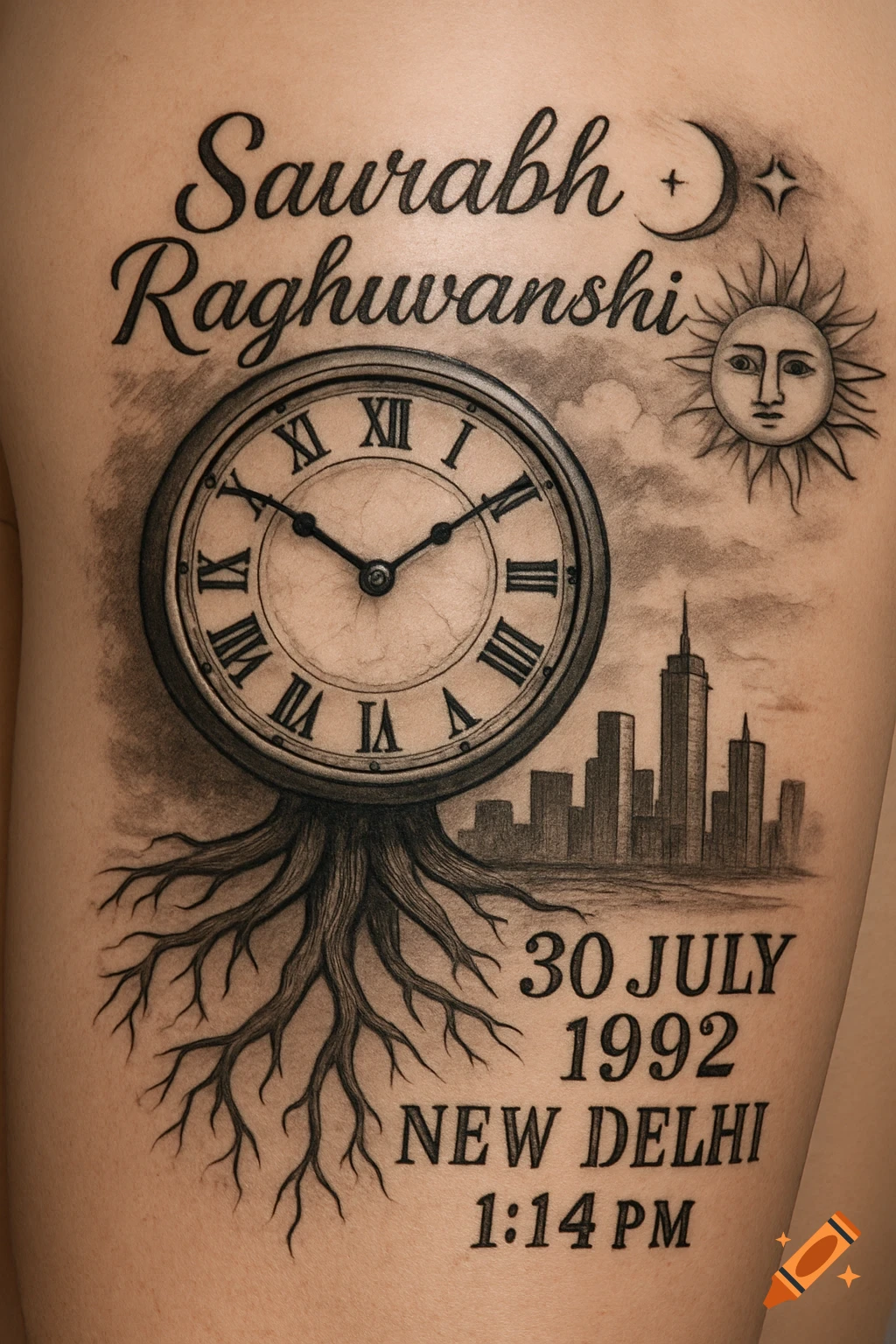 Realistic tattoo design featuring a clock with roots, a skyline, sun, moon, and biographical text
