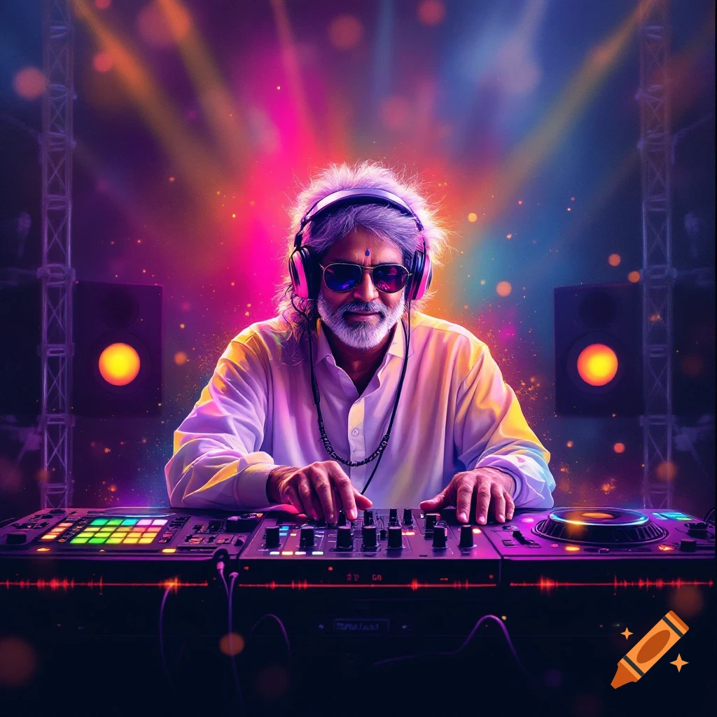 Older man resembling Ilayaraja DJing with headphones and sunglasses at a concert with colorful stage lights.