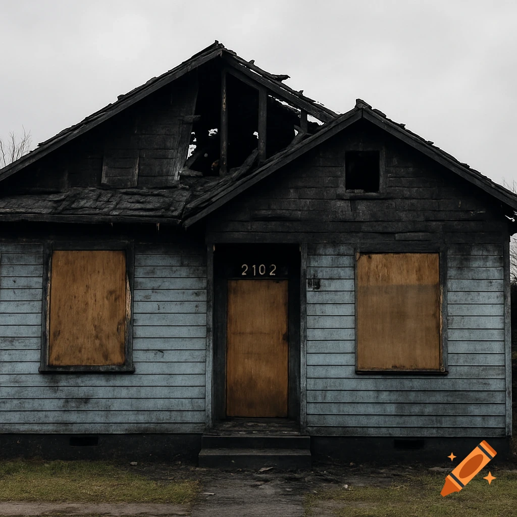 A heavily damaged, blue house with a collapsed roof and boarded windows, number 2102 above the door.