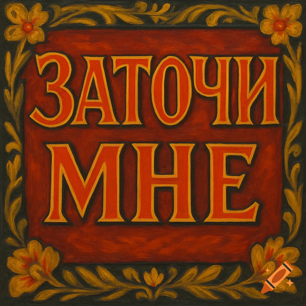 A folk art painting with Russian text 'ЗАТОЧИ МНЕ' in orange on a red background, with gold floral borders.