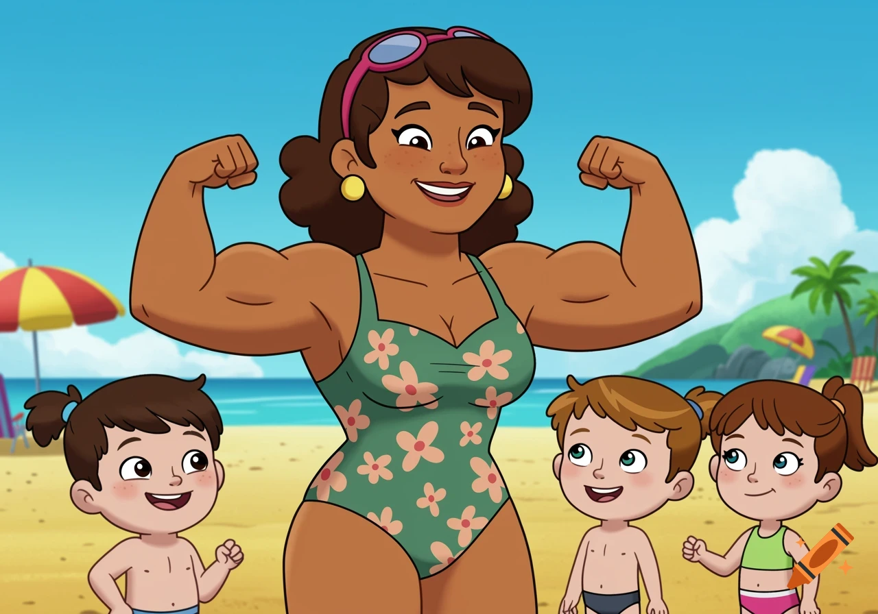 Cartoon image of a muscular woman flexing her biceps at the beach with children.