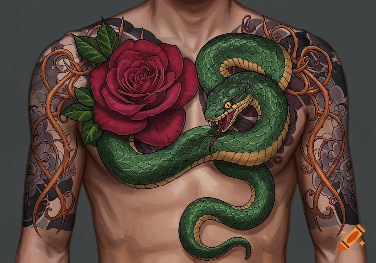 A chest tattoo of a green snake coiled around a red rose, with thorny vines and clouds on the arms.
