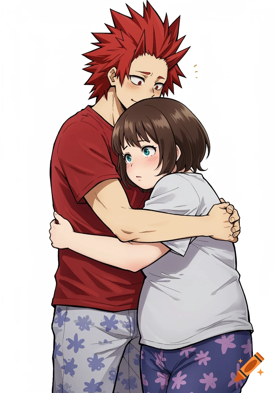 Anime illustration of a red-haired boy in a red shirt hugging a brown-haired girl in a white shirt. Both wear floral pajamas.