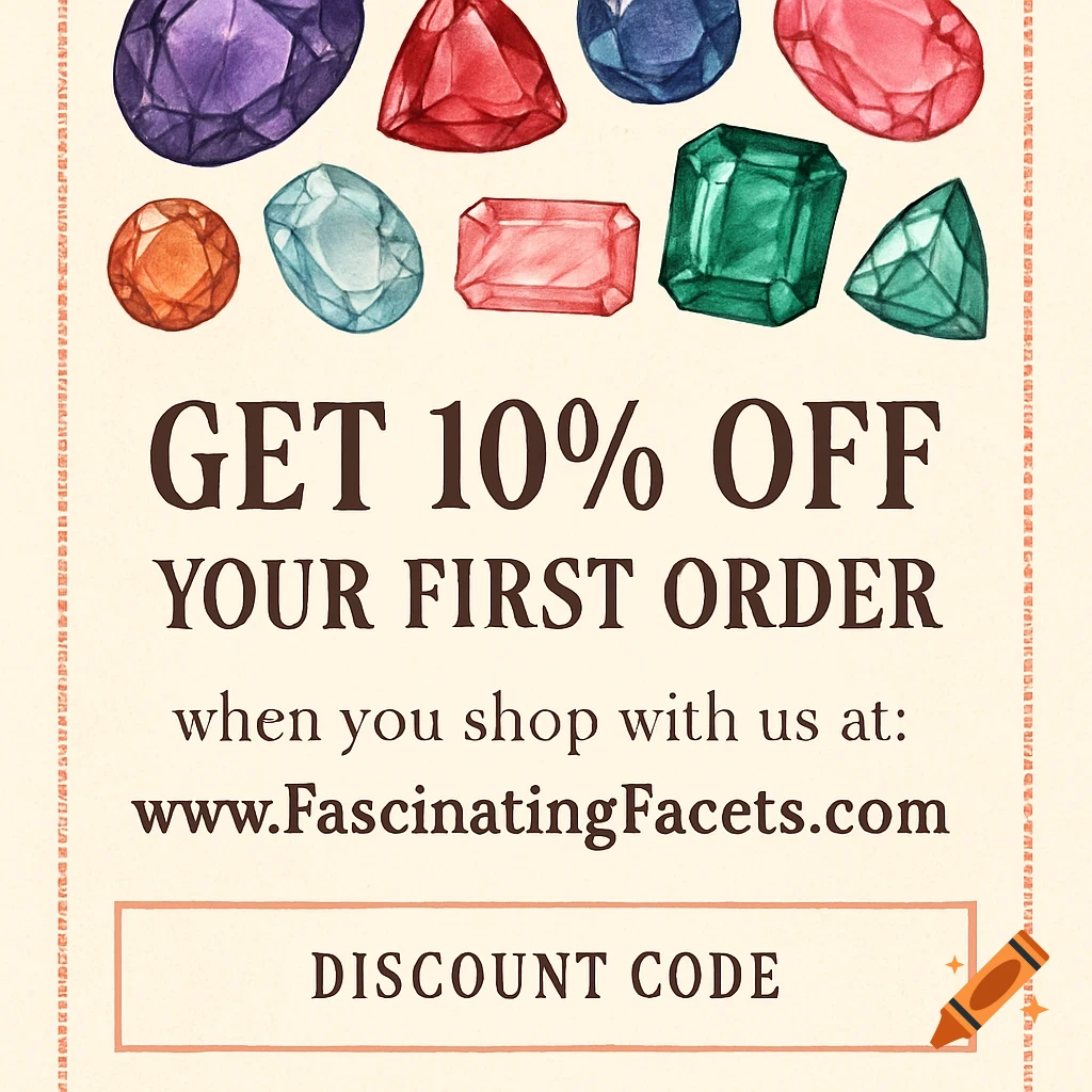 Watercolor illustration of gemstones and text for a 10% off coupon