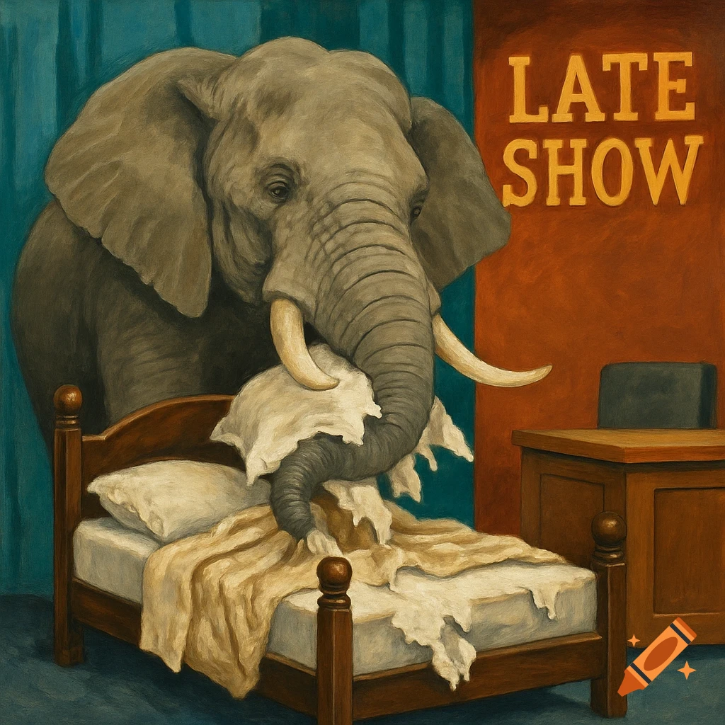 A painting of an elephant standing over a bed on a TV show set with a LATE SHOW sign, trunk on a pillow.