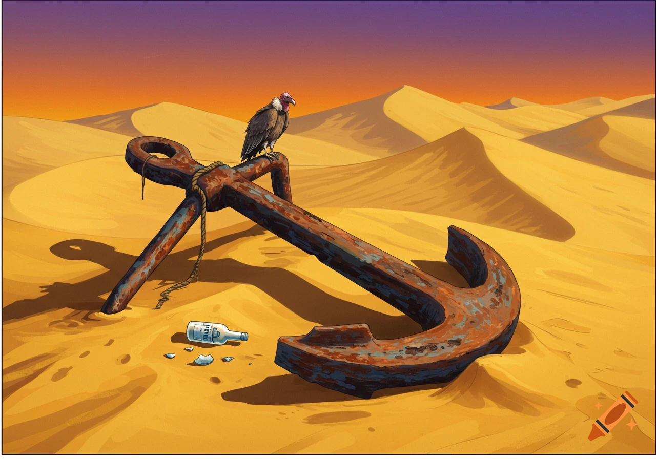 Illustration of a rusted anchor in a desert with a vulture perched on it and a broken bottle on the sand at sunset.