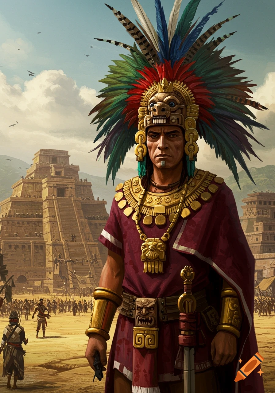 Man in elaborate feathered headdress and gold jewelry standing in front of a large pyramid