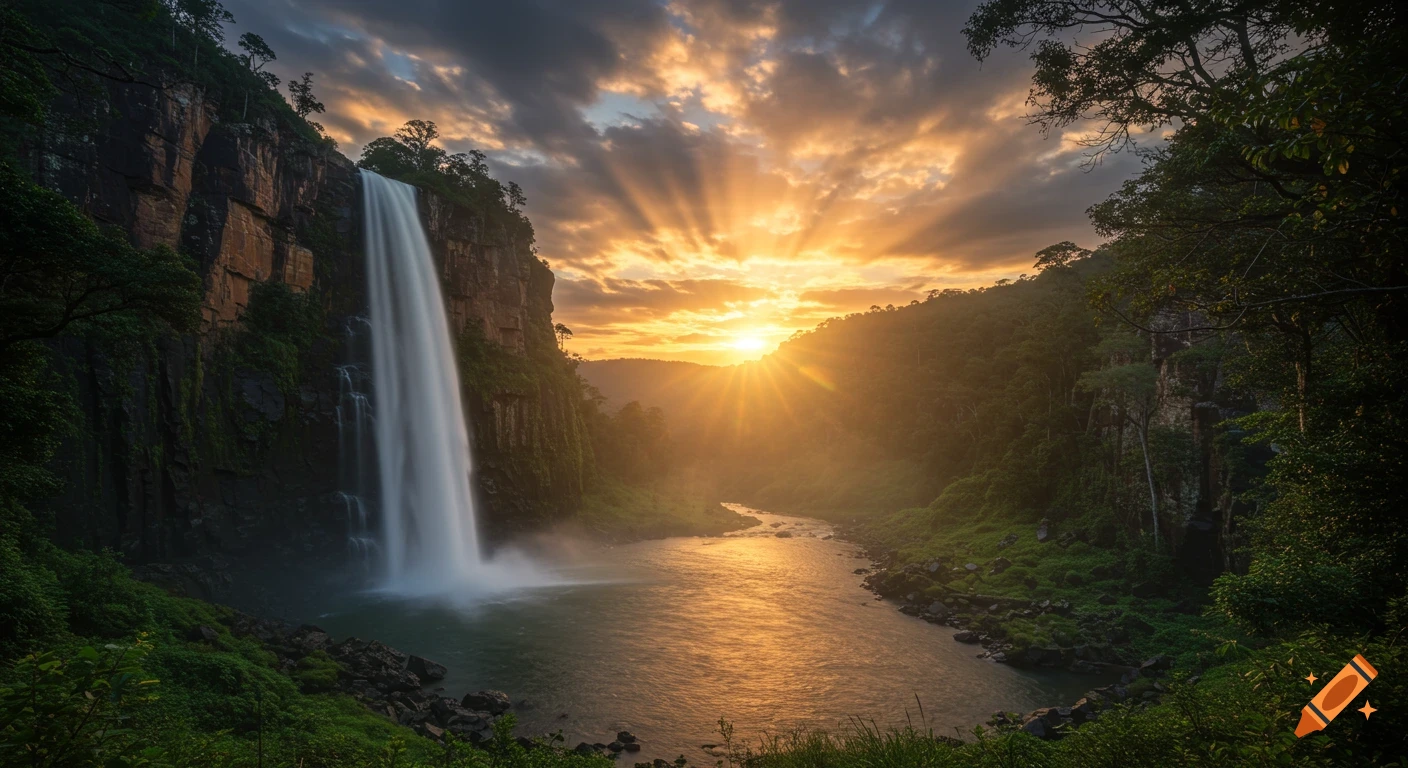 A large waterfall cascades down a cliff face into a river at sunset, with sunbeams shining through clouds.