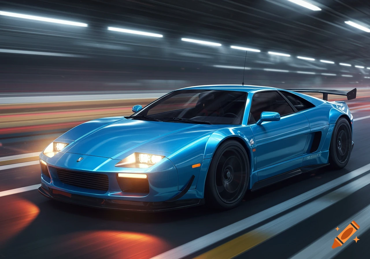 Blue sports car speeding through a tunnel, with motion blur effect.