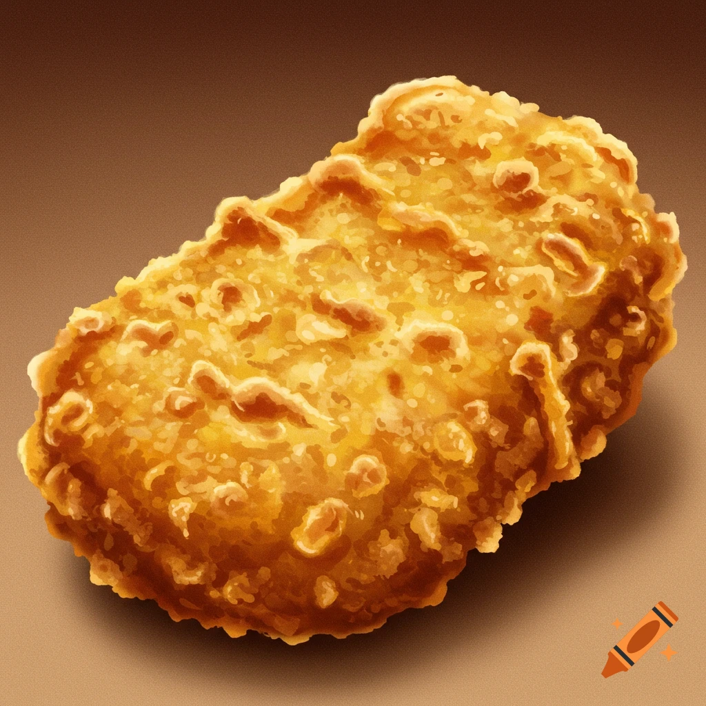 Close-up realistic depiction of a single chicken nugget.