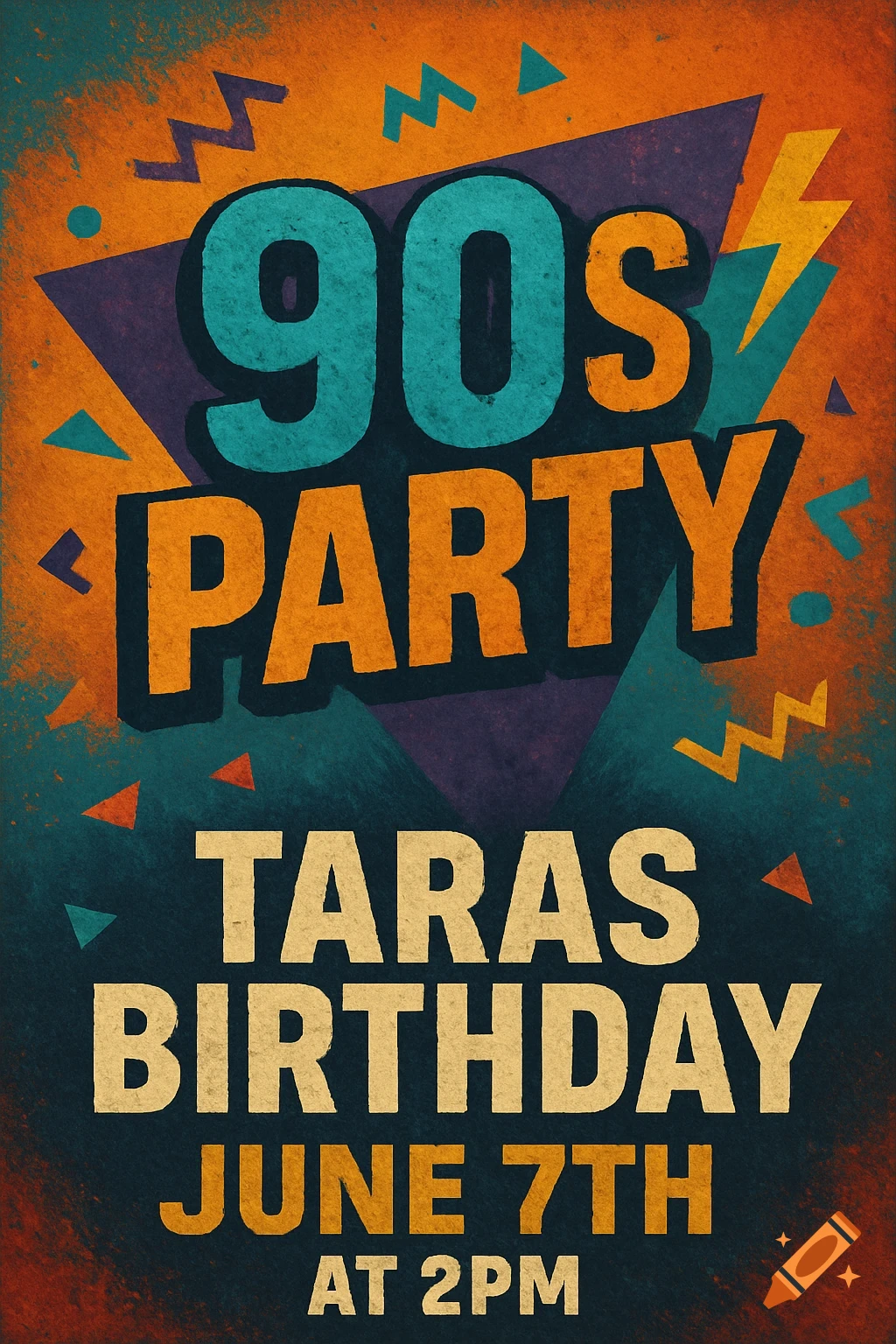 90s style party invitation poster with grunge texture and geometric shapes. Text reads: 90s Party, Taras Birthday June 7th at 2pm.