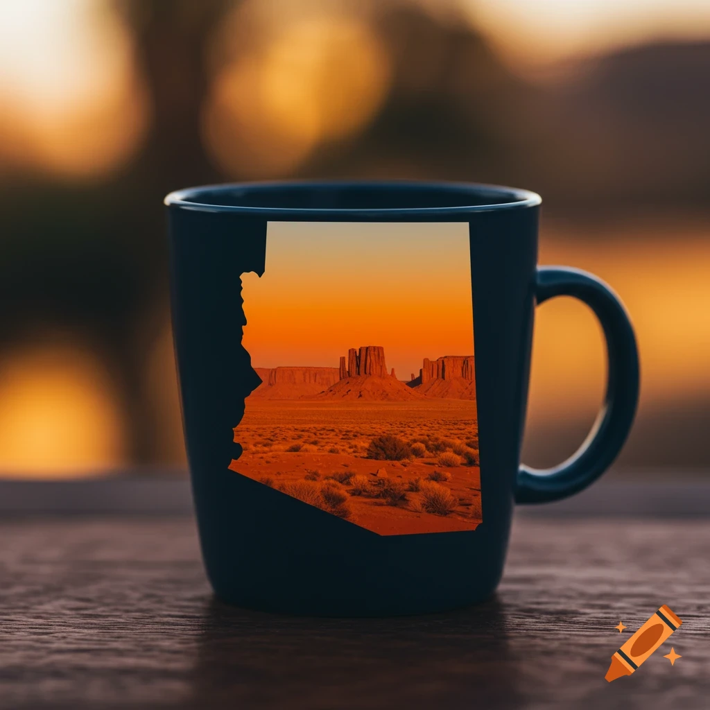 A dark mug with the outline of Arizona on it, filled with a desert landscape at sunset, on a wooden table.
