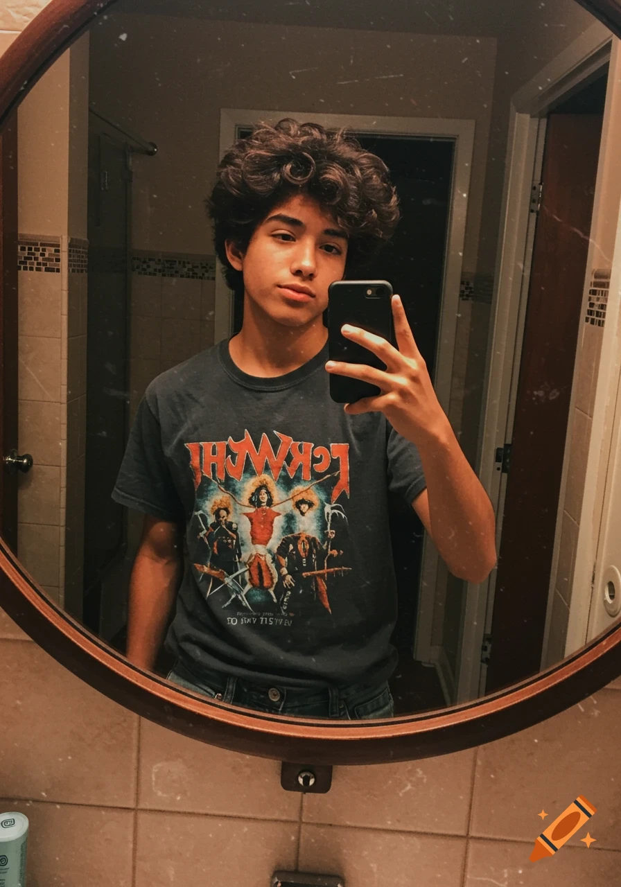 Teen male with curly hair taking a mirror selfie in a bathroom.