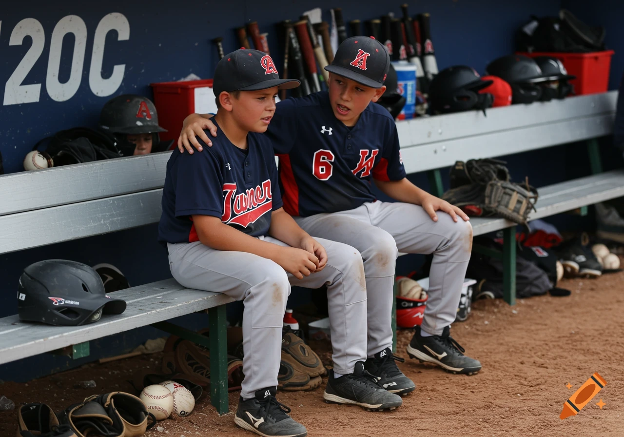 Two young baseball players sit on a dugout bench, one comforting the other. Photorealistic.