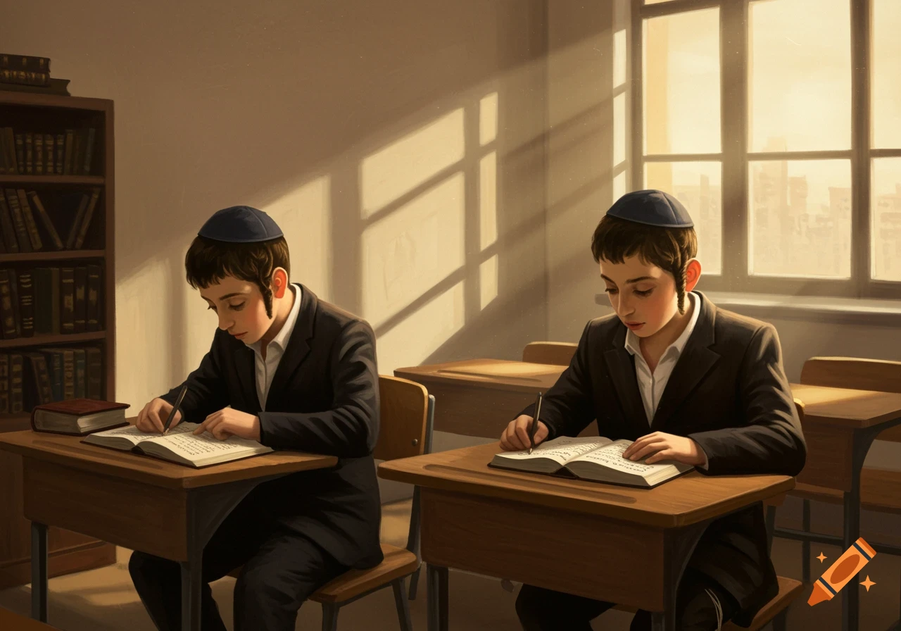 Two young Jewish boys study books at desks in a classroom.