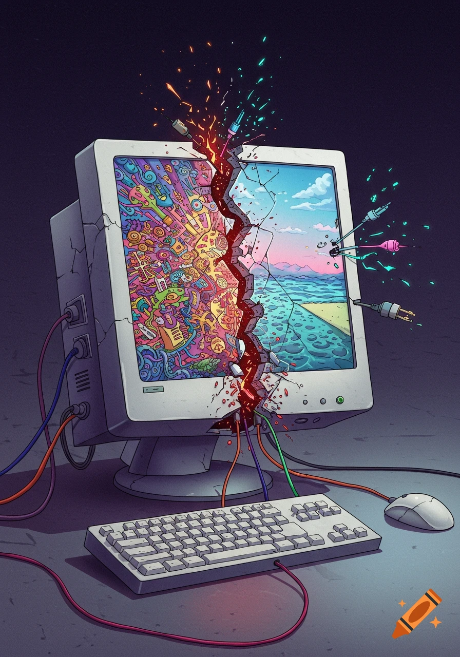 Half Computer Illustration of a vintage computer monitor splitting in half, showing ...