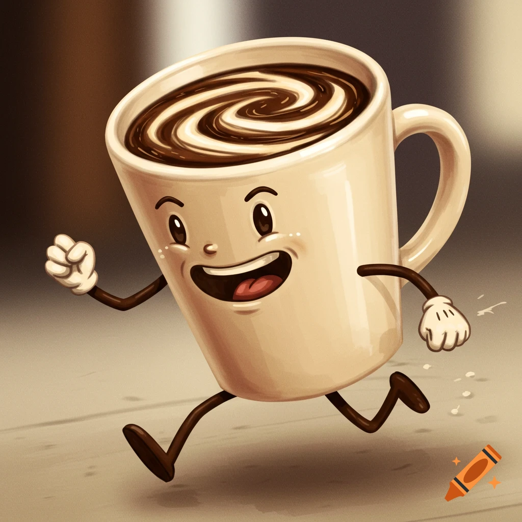 A cartoon coffee cup with arms and legs runs forward.
