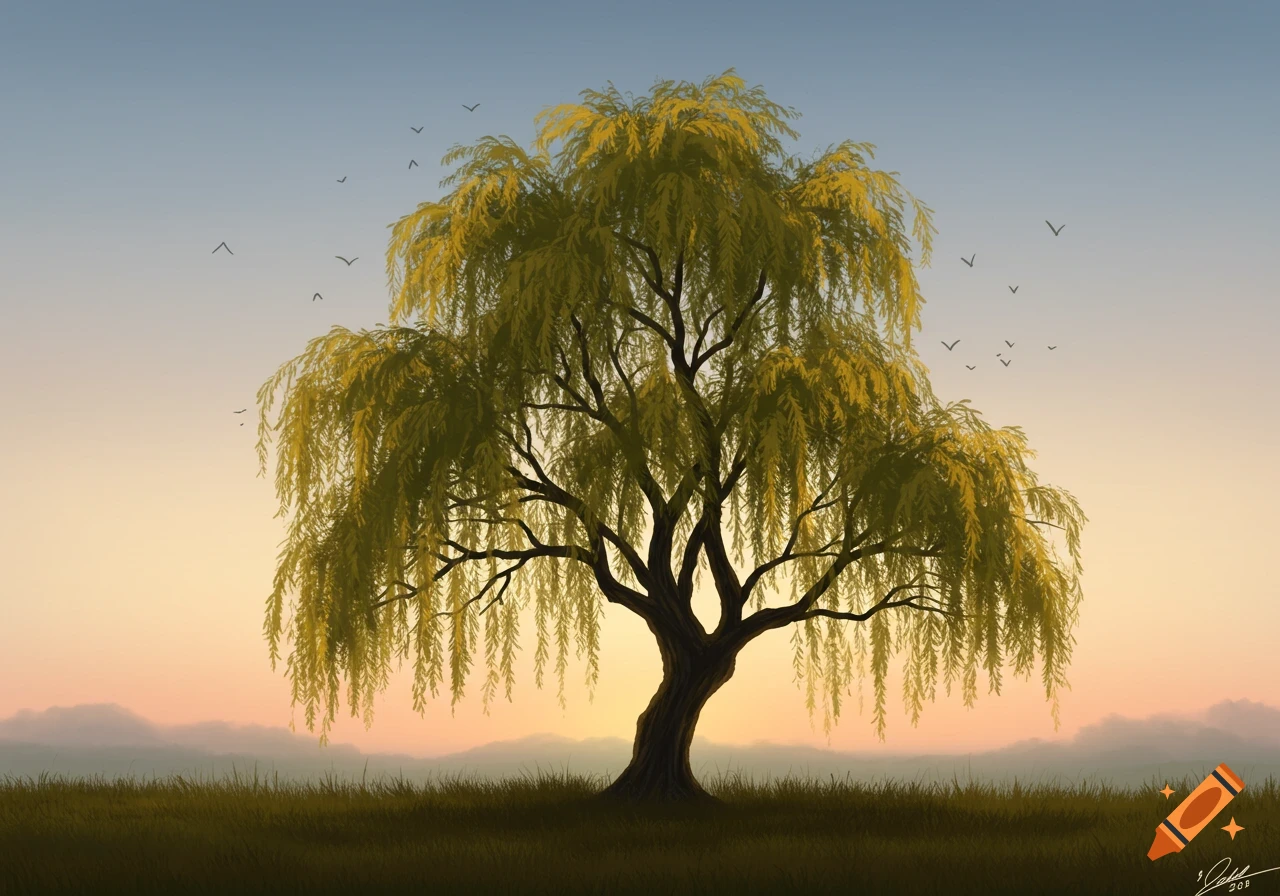 A weeping willow tree stands in a field against a sunset sky with birds flying. Painterly style.