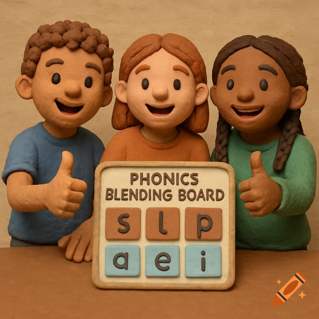 Claymation image of three children giving thumbs up next to a phonics blending board.