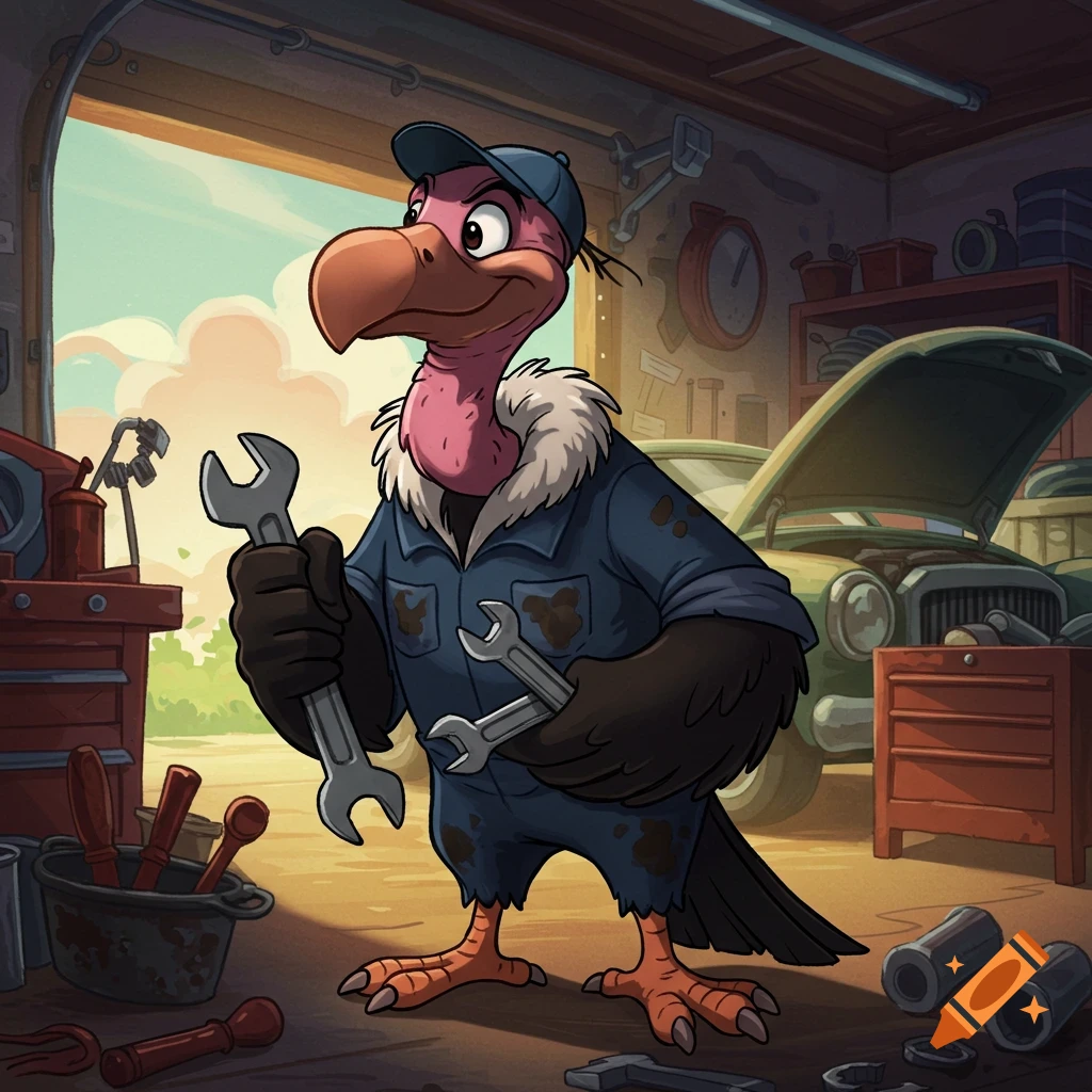Cartoon vulture in a mechanic's uniform holding wrenches in a garage