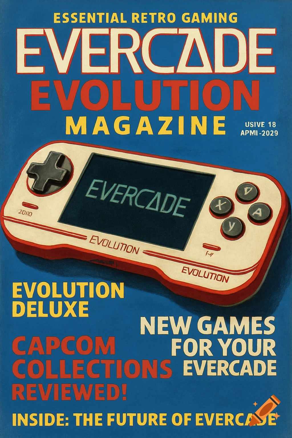 Cover of Evercade Evolution Magazine featuring a retro handheld gaming console.