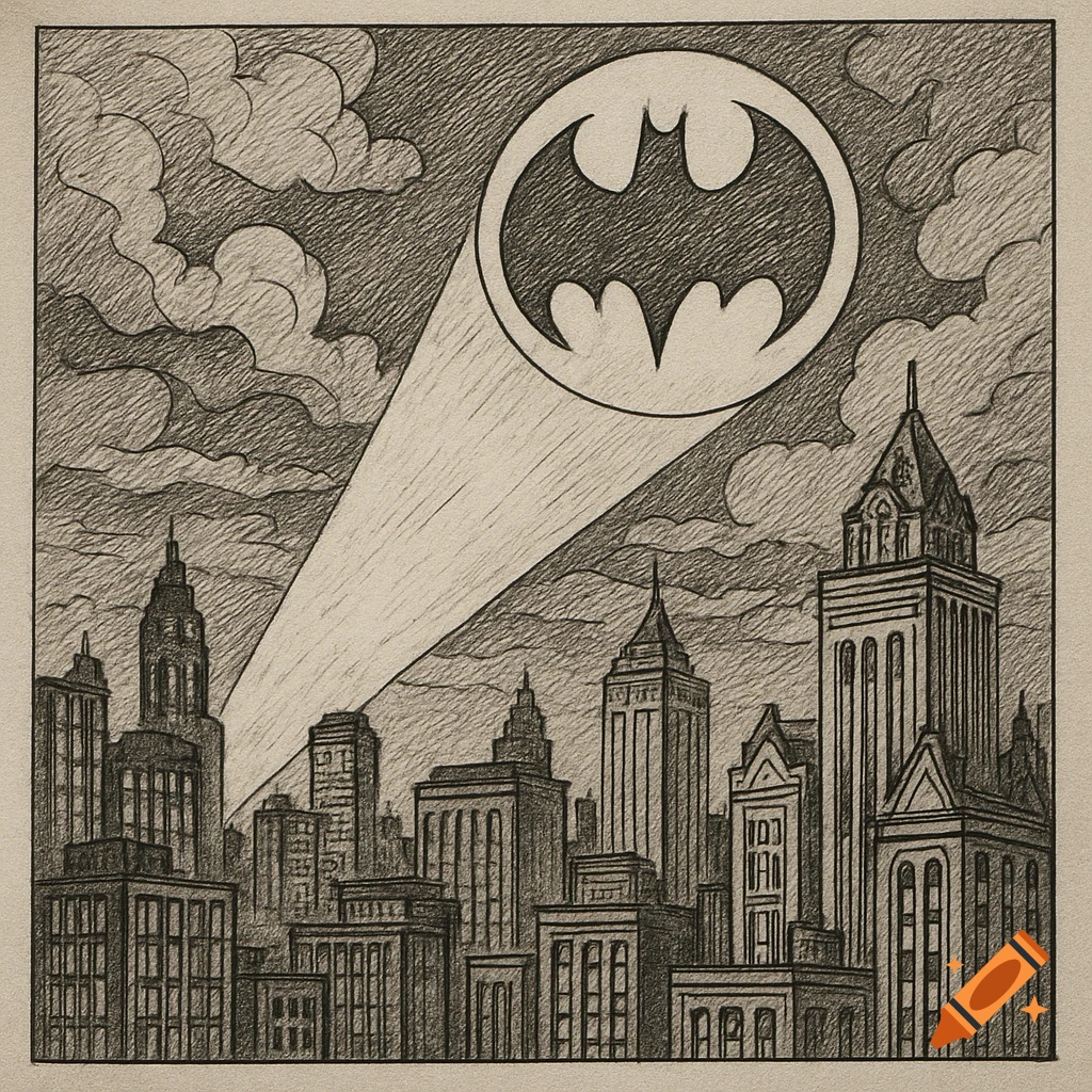 A drawing of the Batman signal shining over a city skyline at night in a  sketch style. on Craiyon, image size:1024x1024