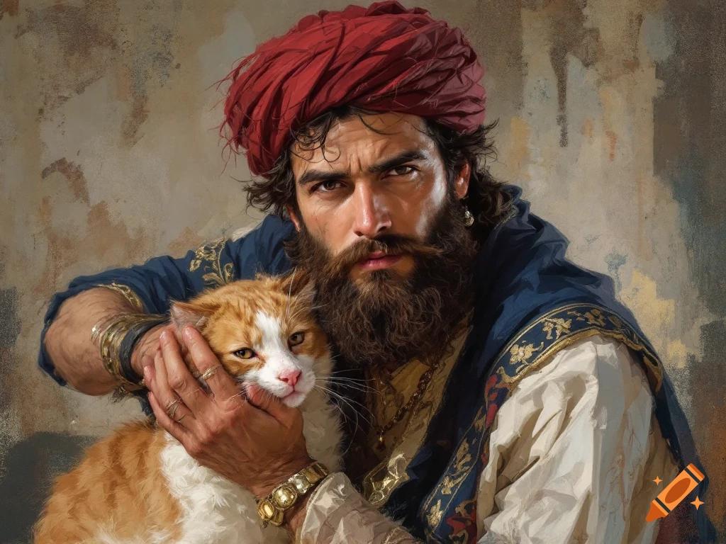 A painted portrait of a man in a red turban holding an orange and white cat.