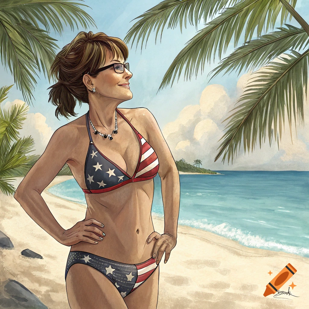 Illustration of a woman resembling Sarah Palin in an American flag bikini on a beach.