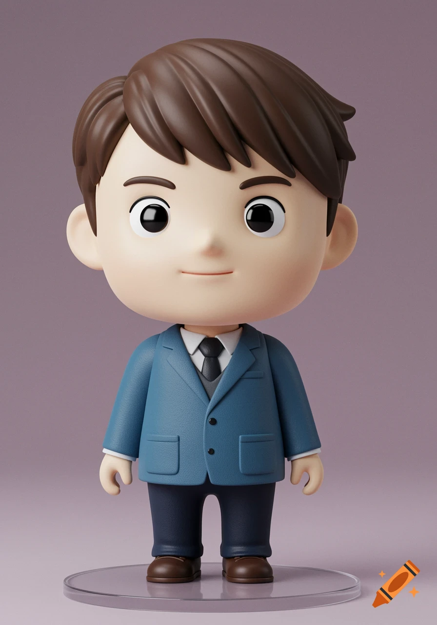 A 3D rendered toy figurine of a person in a blue suit.