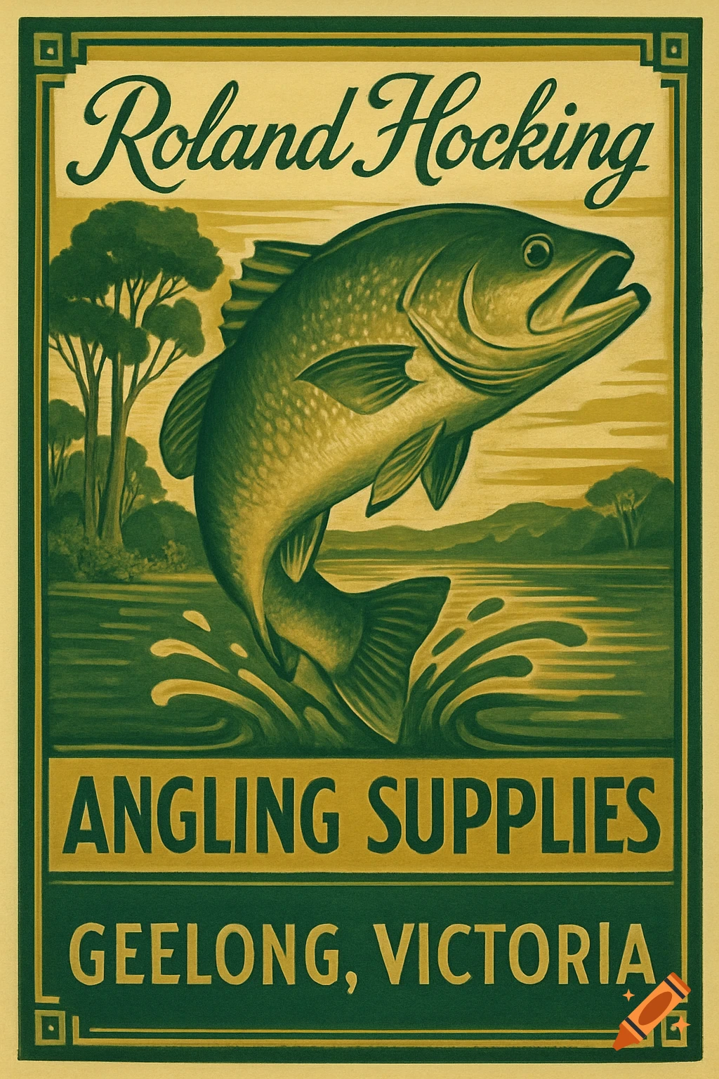 Art deco style poster for Roland Hocking Angling Supplies featuring a jumping fish.