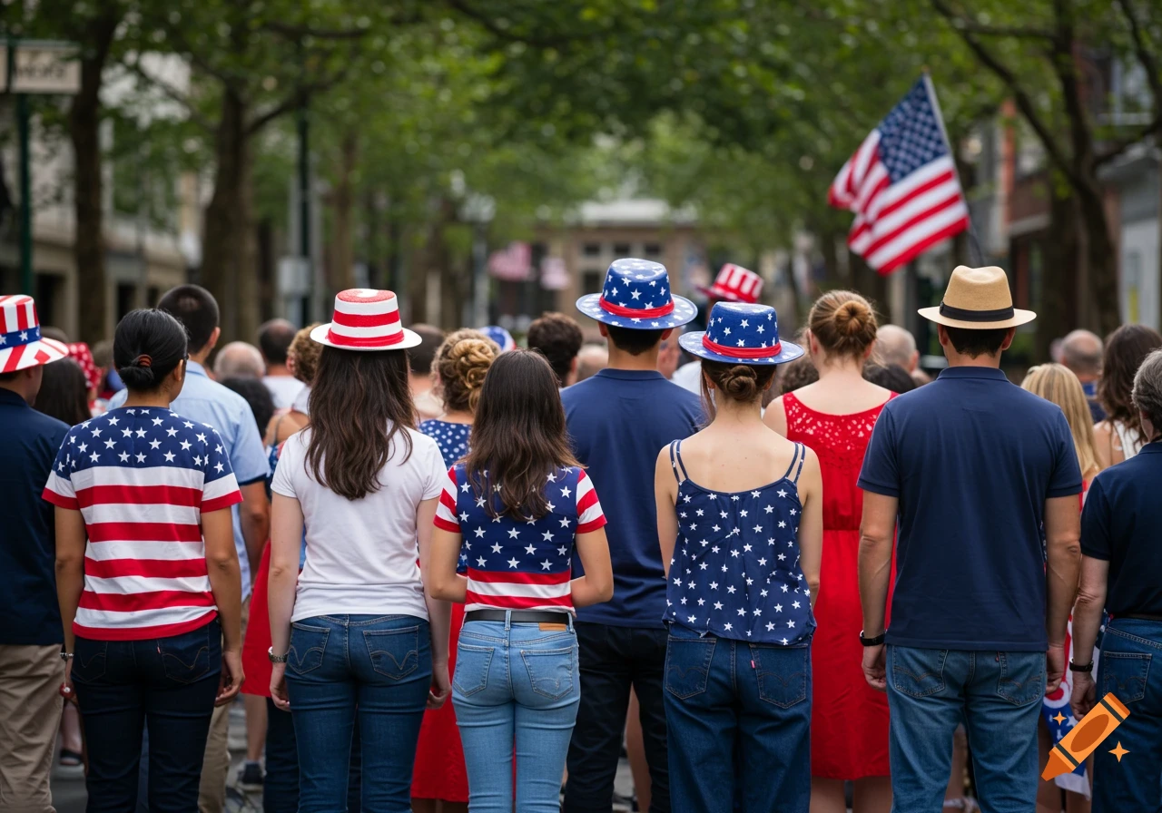 View from behind of a crowd wearing red, white, and blue attire, watching an event or parade.