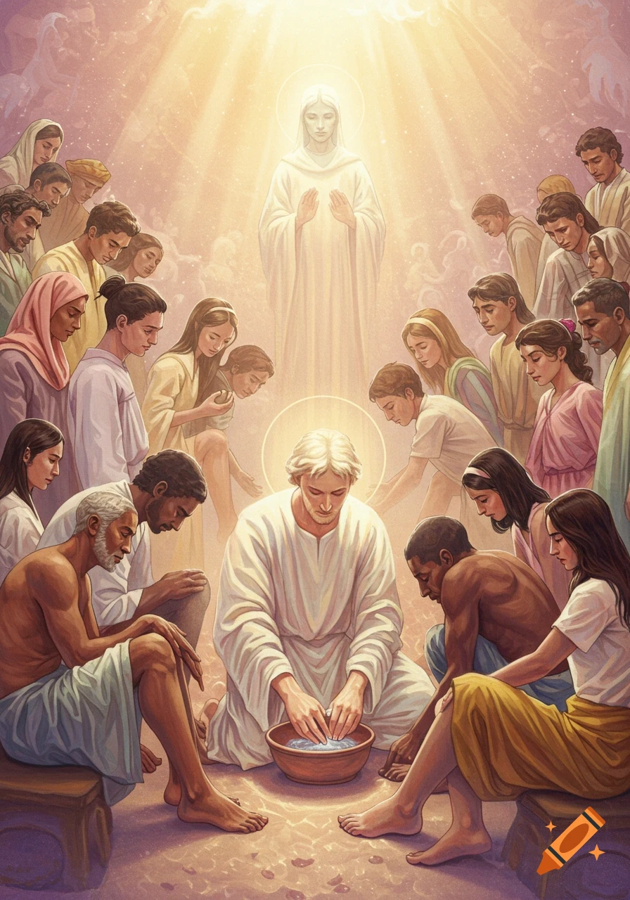 A figure in white washes the feet of diverse people in a glowing, spiritual scene.